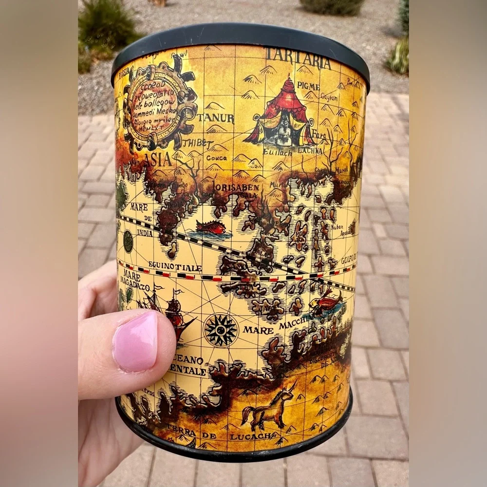 Vintage Metal Pencil Holder with 16th Century Italian/Dutch Map. Made in Japan